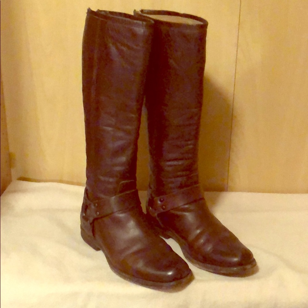 Frye Phillip Harness Tall Boots Dark Brown